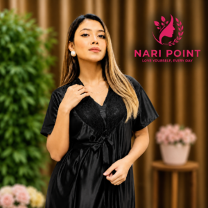 6 Part Black Color Premium Satin Nighty for Women | Soft & Elegant Nightwear