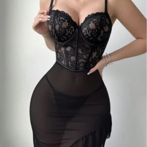 Women's Sheer Lace Mesh Lingerie Robe Set – Black